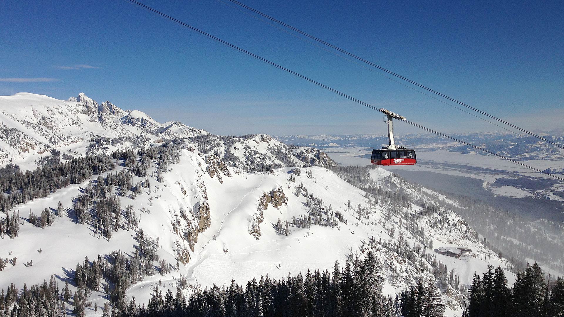 Jackson Hole's iconic Tram, “Big Red,” rising 4,139 vertical feet to the “Top of the World” summit.