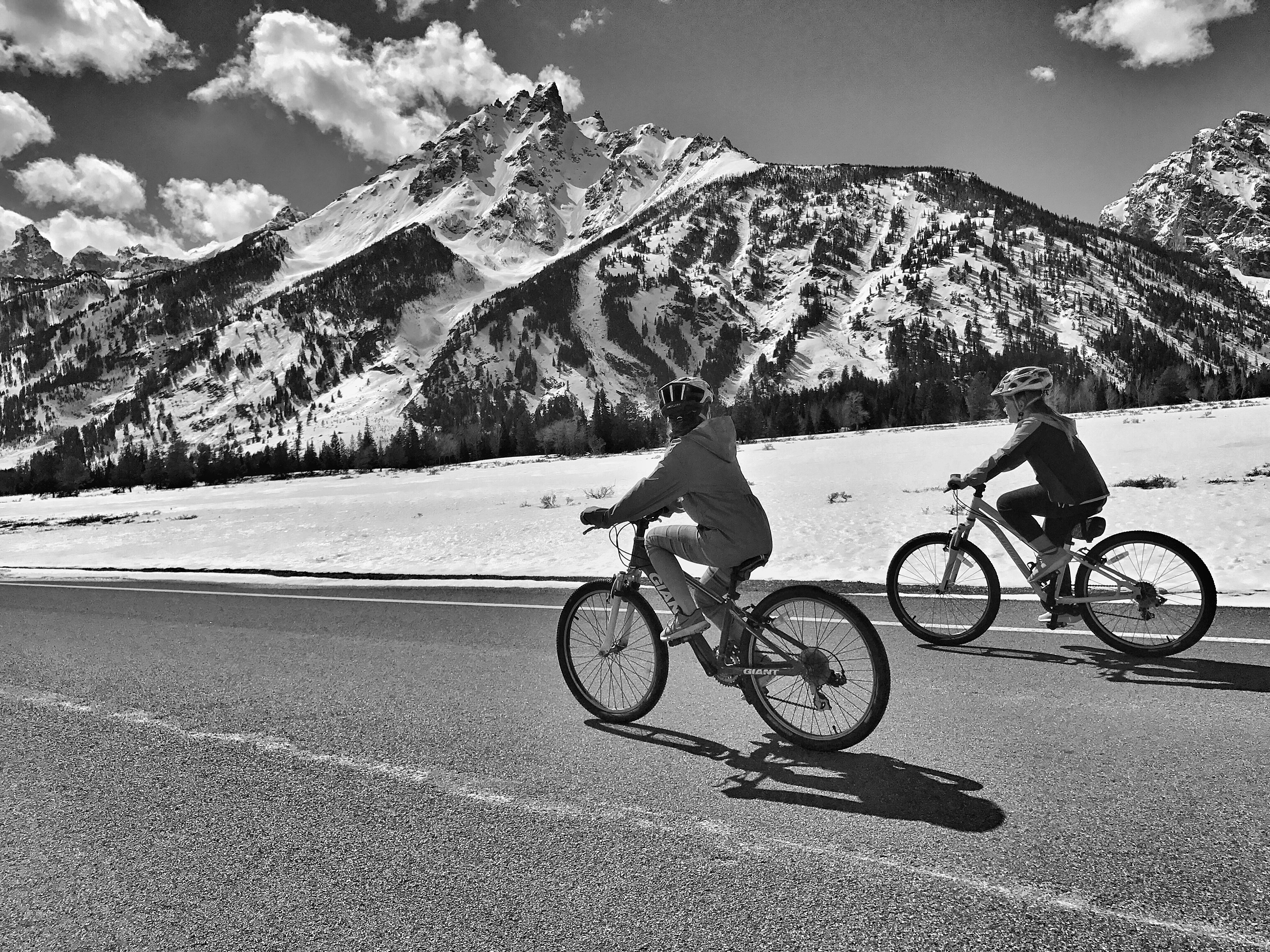 Spring biking on the inner park road in Grand Teton National Park