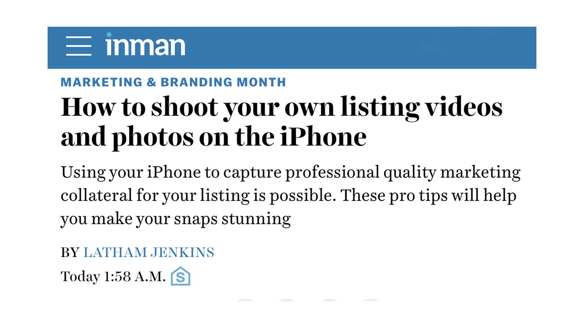 Inman News features Latham Jenkins on how to shoot listing video and photos